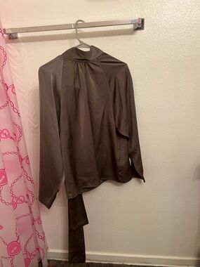DKNY Brown Satin Tie-Back Blouse